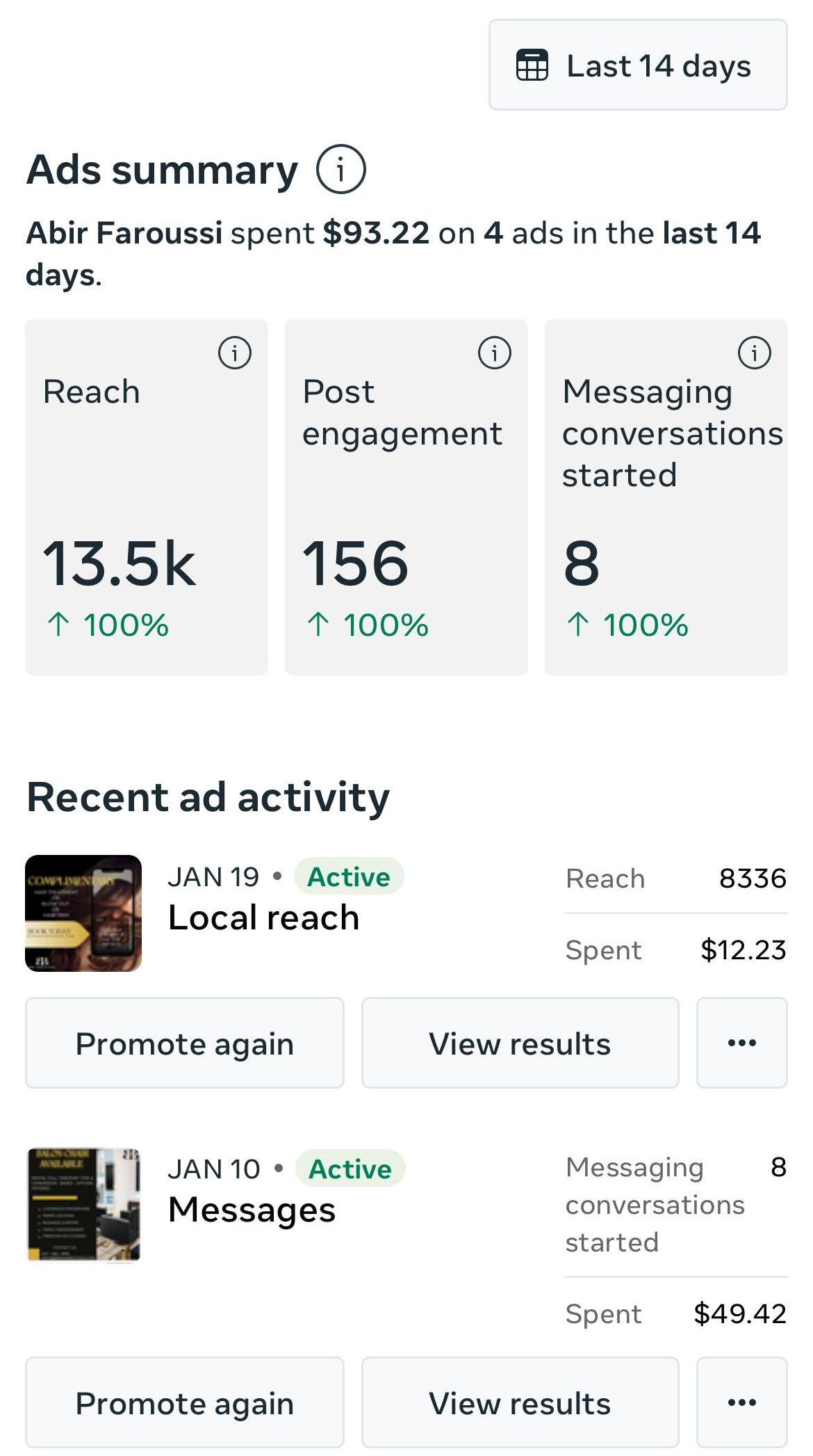 Chart showing social media ads reach and engagement stats